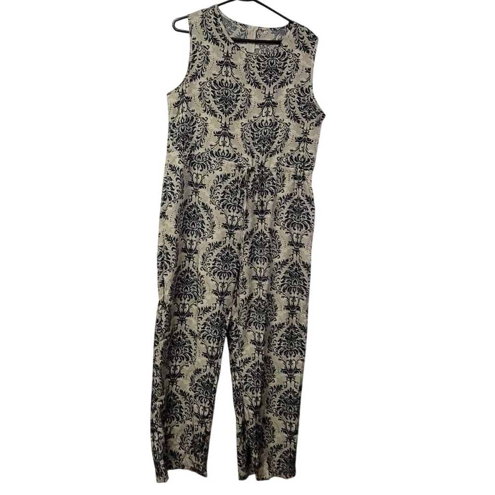 Womens Blue Damask Print Sleeveless Jumpsuit Drawstring Waist